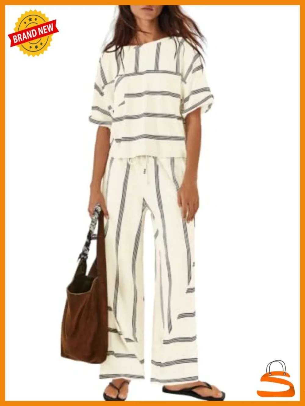 Womens Striped Lounge Set 2 Piece Vacation Short Sleeve Top Wide Leg Pants with